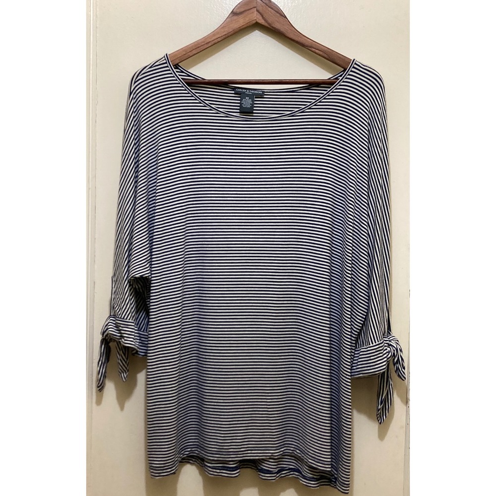 CHELSEA & THEODORE Womens 2X Top Striped Tie Slit Sleeve Boat Neck Stretch Beach